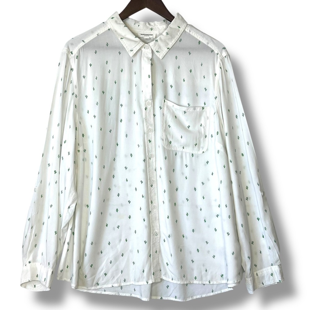Beach‎ Lunch Lounge 1X Blouse Button Up White Cactus Novelty Viscose Whimsical
